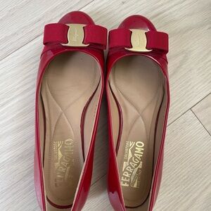 Salvatore Ferragamo Varina Red Patent Leather Ballet Flats with Bow & Dust Bag
